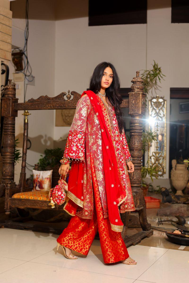 Huma Adnan - Gulaab - Chiffon - Red - 3 Piece