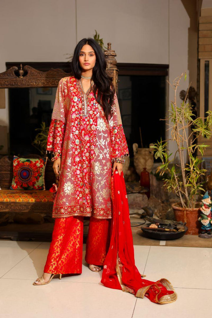 Huma Adnan - Gulaab - Chiffon - Red - 3 Piece