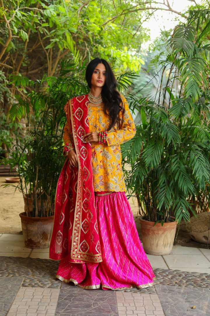 Huma Adnan - Gulbano - Khadi Net - Mustard - 3 Piece