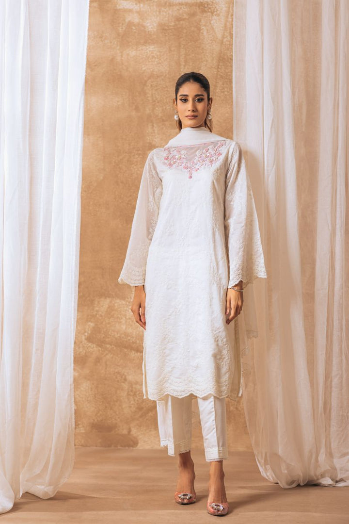 Khayal by Shaista Hasan - Gleaming pearl - Cotton & Chiffon - 3 Piece