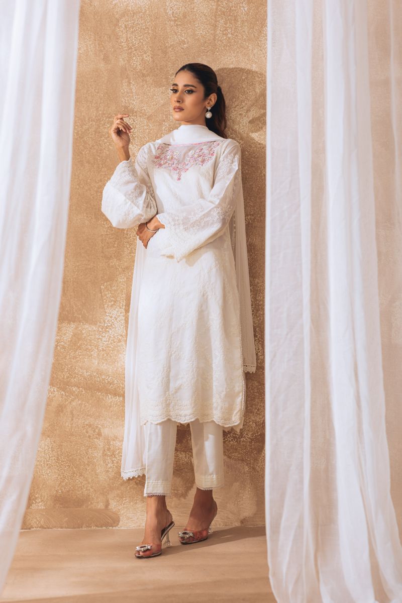 Khayal by Shaista Hasan - Gleaming pearl - Cotton & Chiffon - 3 Piece