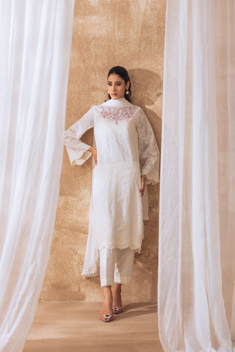 Khayal by Shaista Hasan - Gleaming pearl - Cotton & Chiffon - 3 Piece