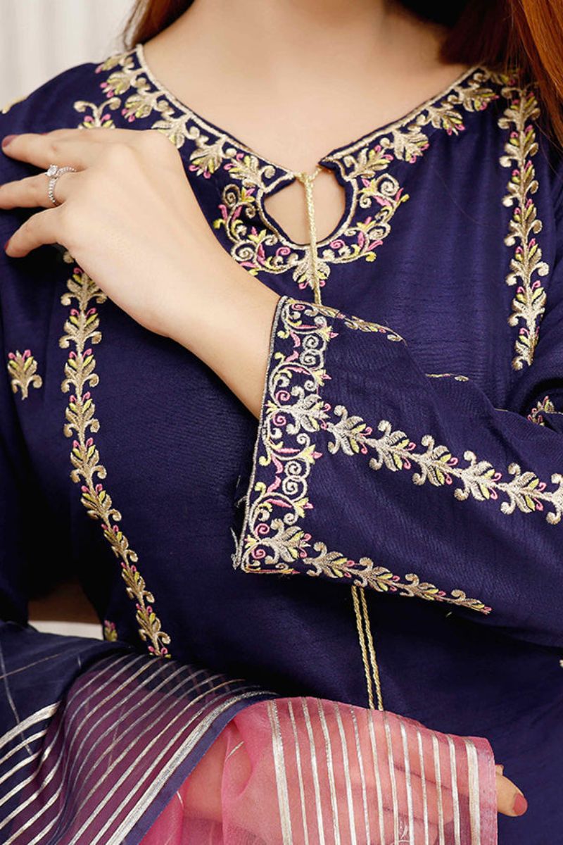 Modest - Gulnoor - Blue - Rawsilk - Womens 3 Piece Suit