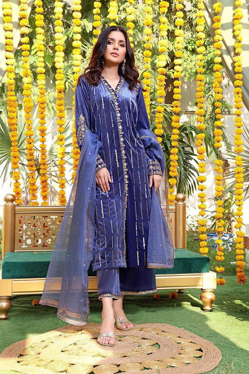 Sanas - Handwork Embroidered Velvet 3 Piece Suit - ZEENAT - S202222 - Lapis Lazuli Blue - Studio by TCS