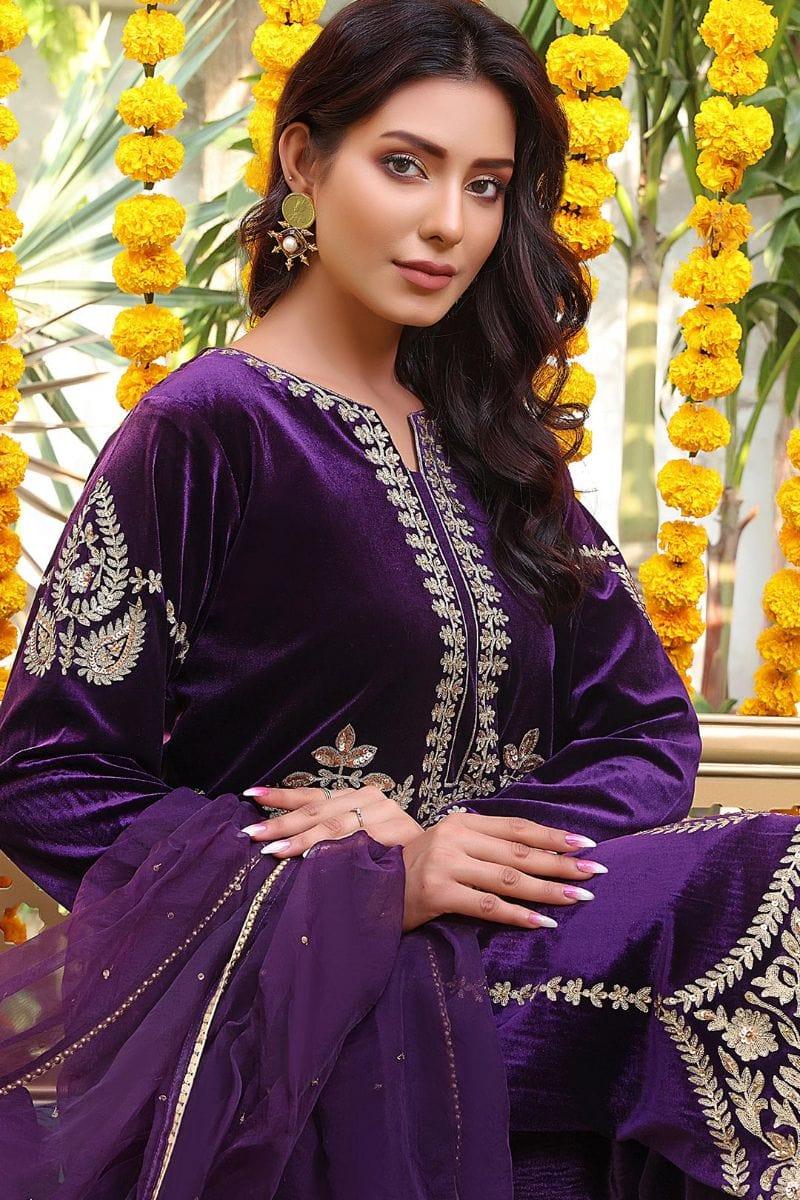 Sanas - Handwork Zari Embroidered Velvet 3 Piece Suit - ZEENAT - S202223 - Purple - Studio by TCS