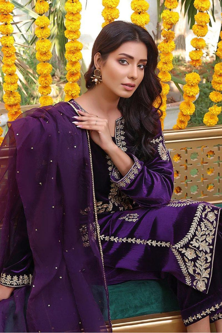 Sanas - Handwork Zari Embroidered Velvet 3 Piece Suit - ZEENAT - S202223 - Purple - Studio by TCS