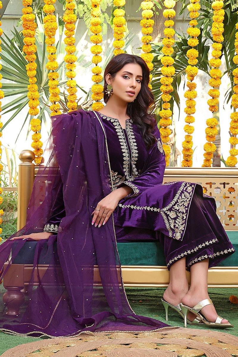 Sanas - Handwork Zari Embroidered Velvet 3 Piece Suit - ZEENAT - S202223 - Purple - Studio by TCS