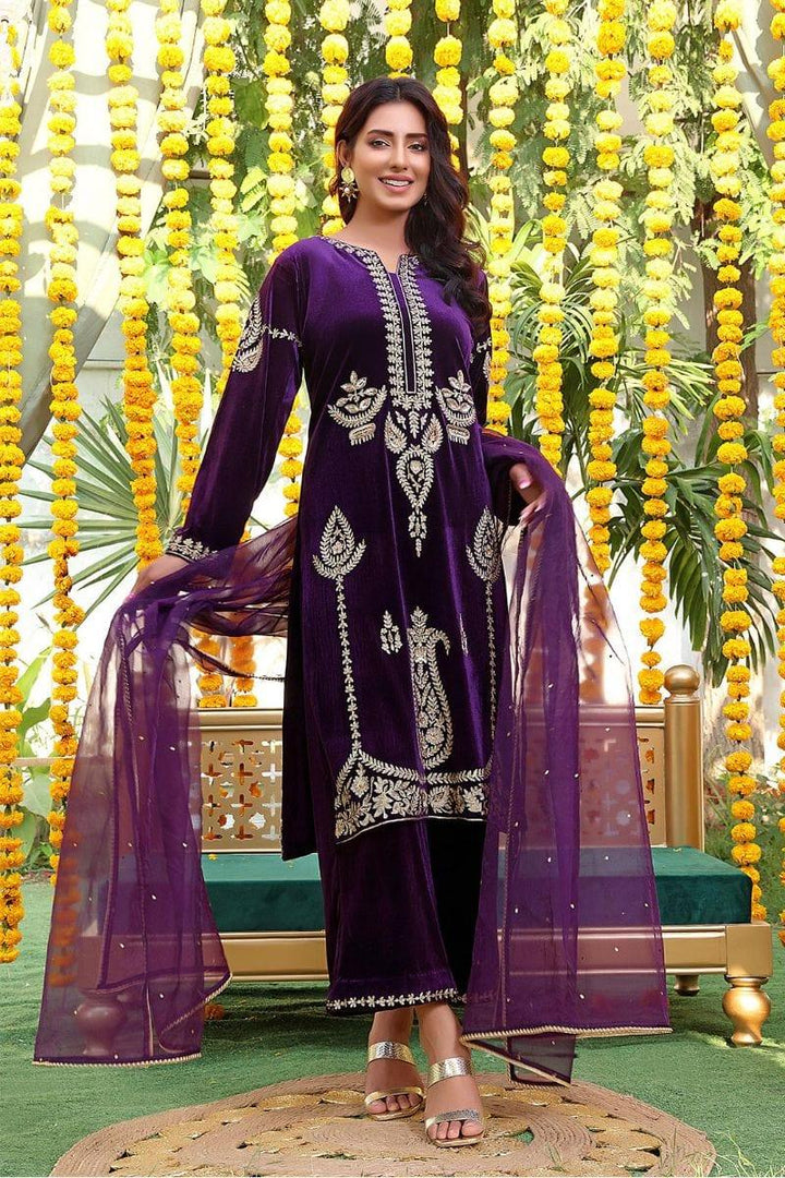 Sanas - Handwork Zari Embroidered Velvet 3 Piece Suit - ZEENAT - S202223 - Purple - Studio by TCS