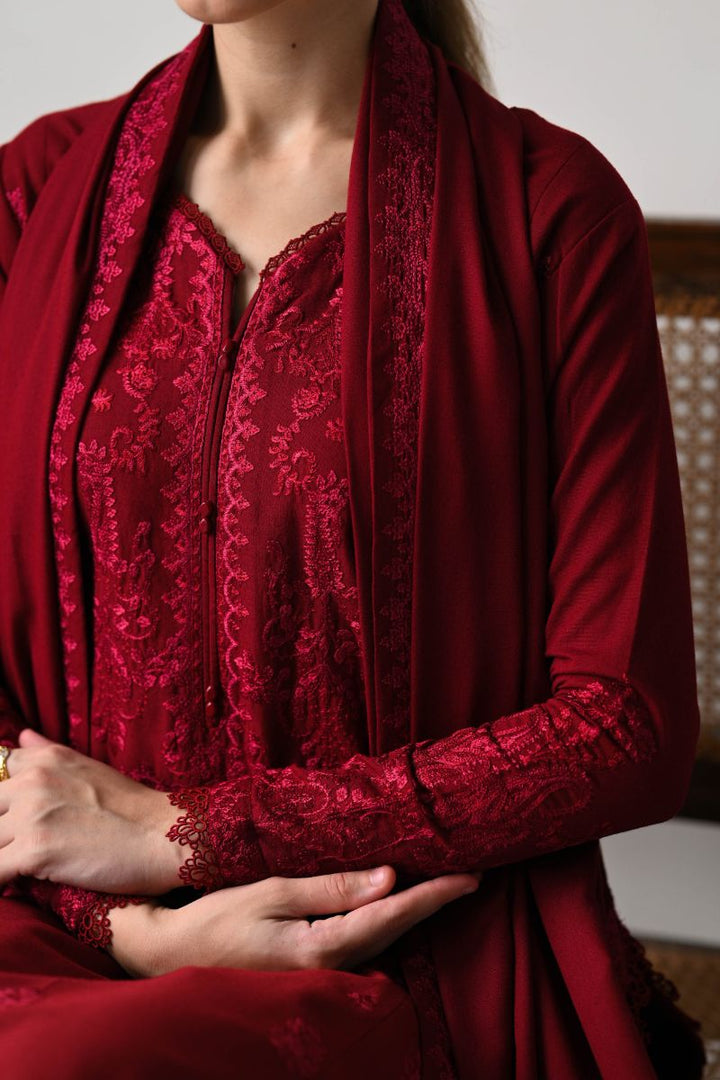 Zaib - RICH MAROON LUXURY EMBROIDERED KARANDI SET (NEL-24629)