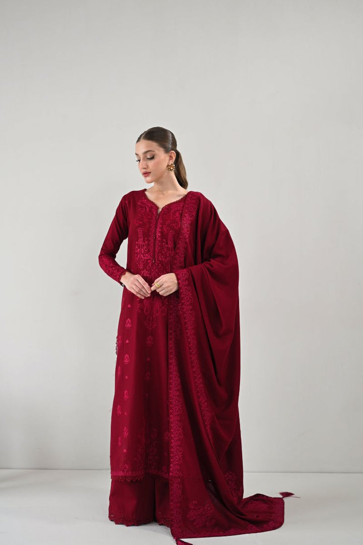 Zaib - RICH MAROON LUXURY EMBROIDERED KARANDI SET (NEL-24629)