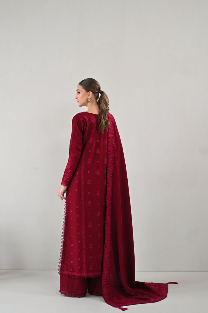 Zaib - RICH MAROON LUXURY EMBROIDERED KARANDI SET (NEL-24629)