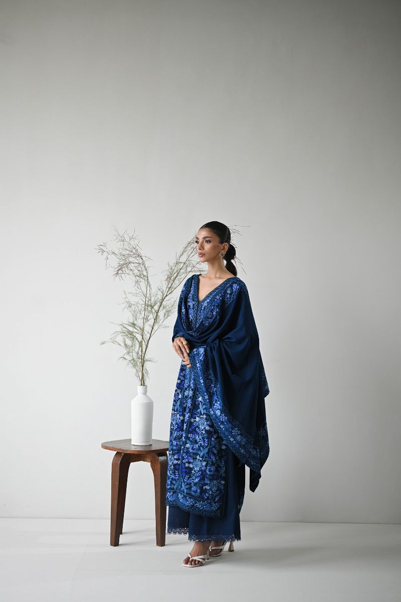 Zaib - NAVY BLUE LUXURY AARI EMBROIDERED KARANDI SET (NEL-24624)