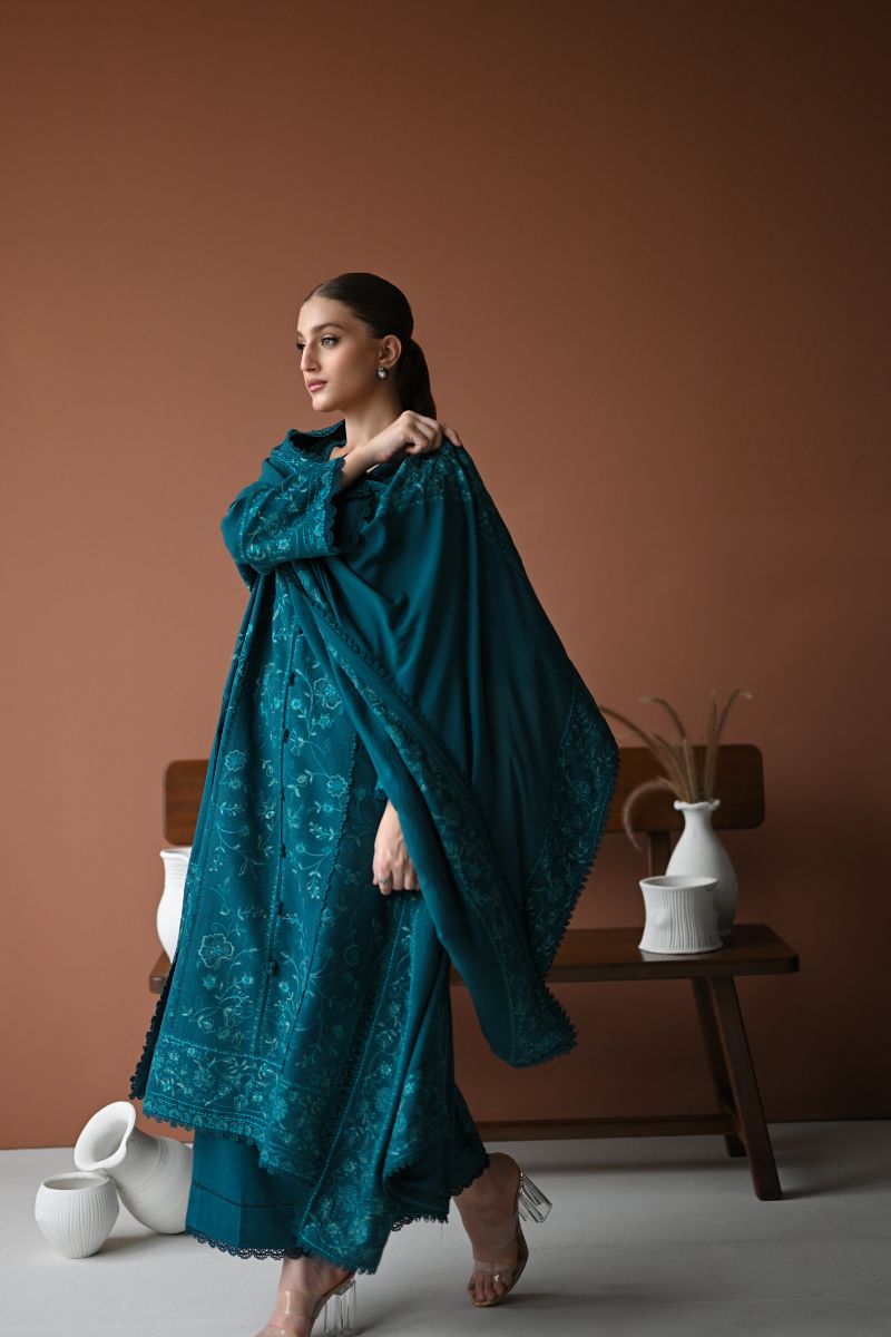 Zaib - TEAL LUXURY EMBROIDERED KARANDI SET (NEL-24625)