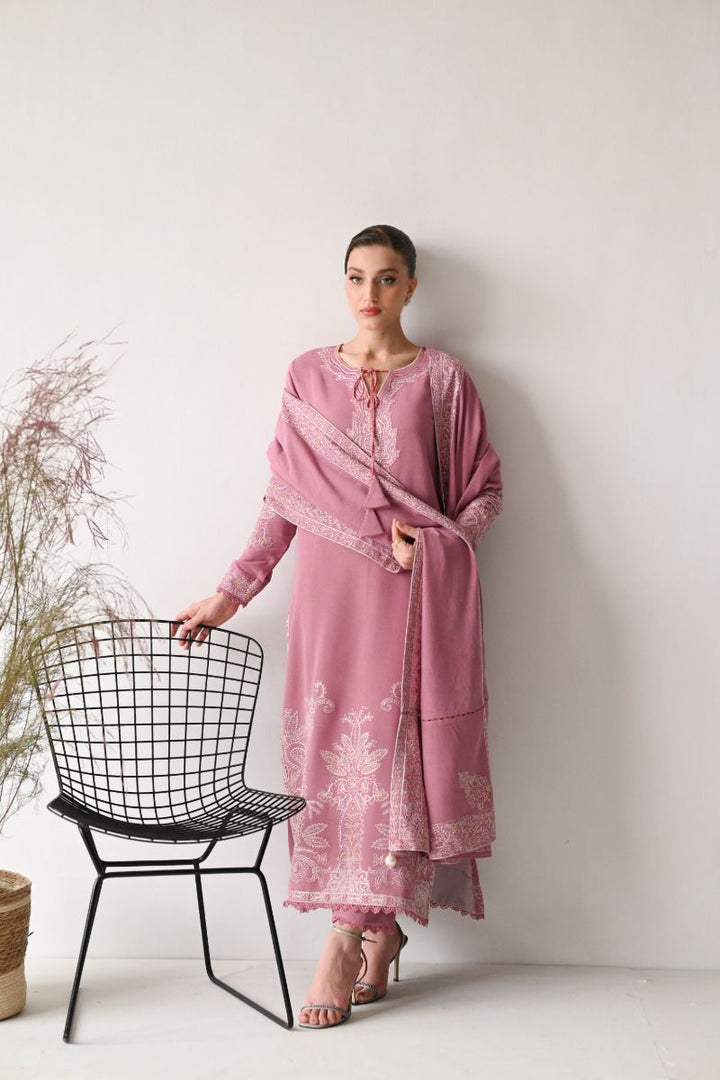 ZAIB - PASTEL PINK LUXURY EMBROIDERED KARANDI SET (NEL-24636) - 3 Piece