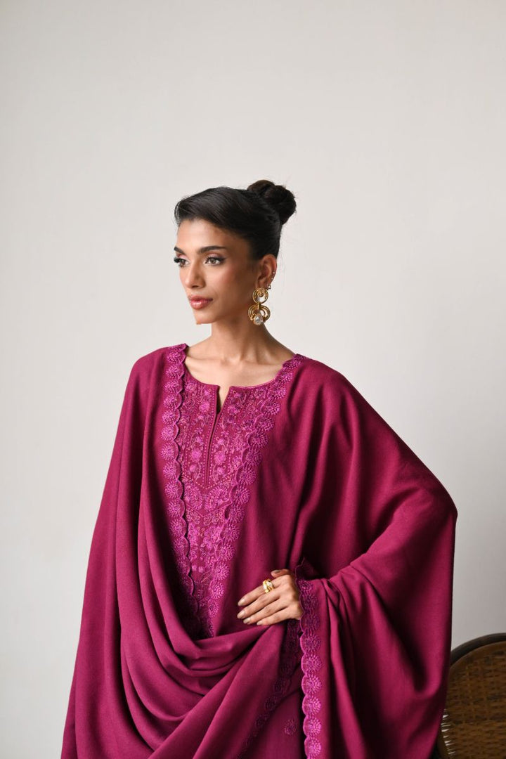 ZAIB - DEEP BERRY LUXURY EMBROIDERED KARANDI SET (NEL-24631) - 3 Piece