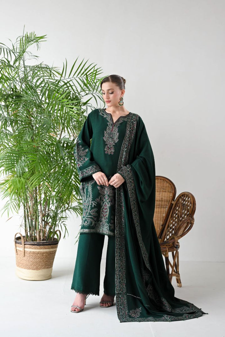 ZAIB - DEEP EMERALD LUXURY EMBROIDERED KARANDI SET (NEL-24637) - 3 Piece