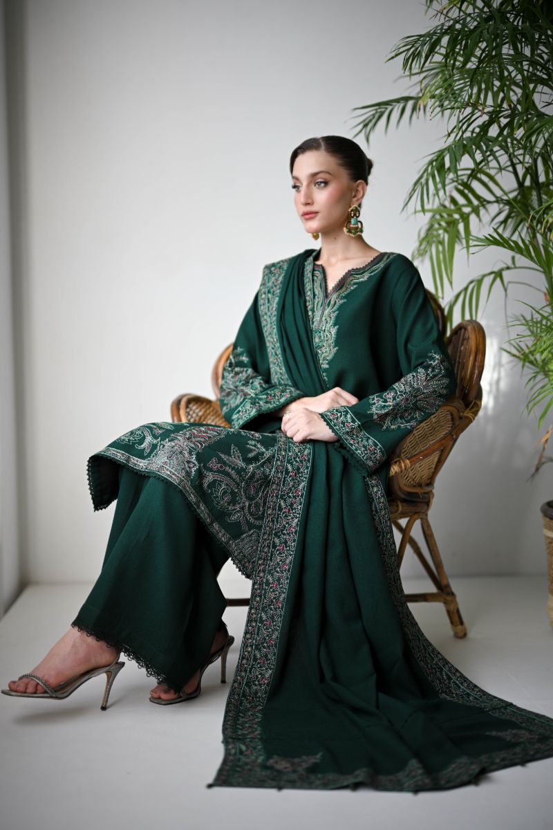 ZAIB - DEEP EMERALD LUXURY EMBROIDERED KARANDI SET (NEL-24637) - 3 Piece