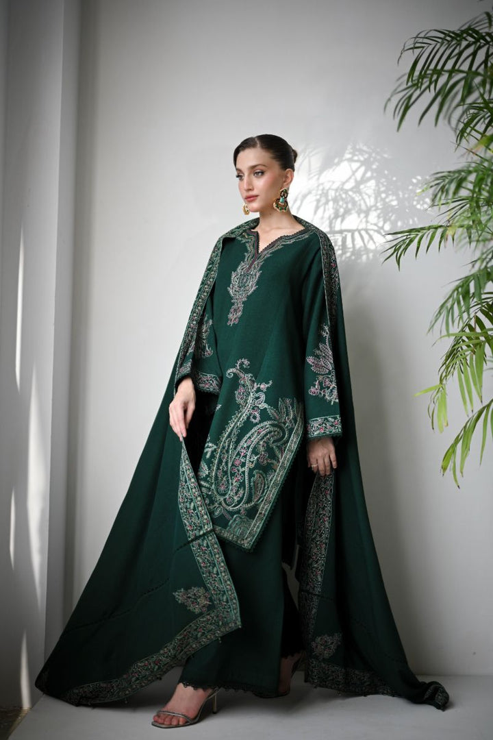 ZAIB - DEEP EMERALD LUXURY EMBROIDERED KARANDI SET (NEL-24637) - 3 Piece