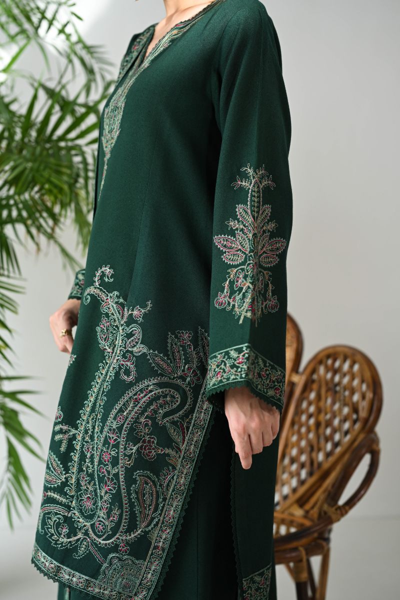 ZAIB - DEEP EMERALD LUXURY EMBROIDERED KARANDI SET (NEL-24637) - 3 Piece