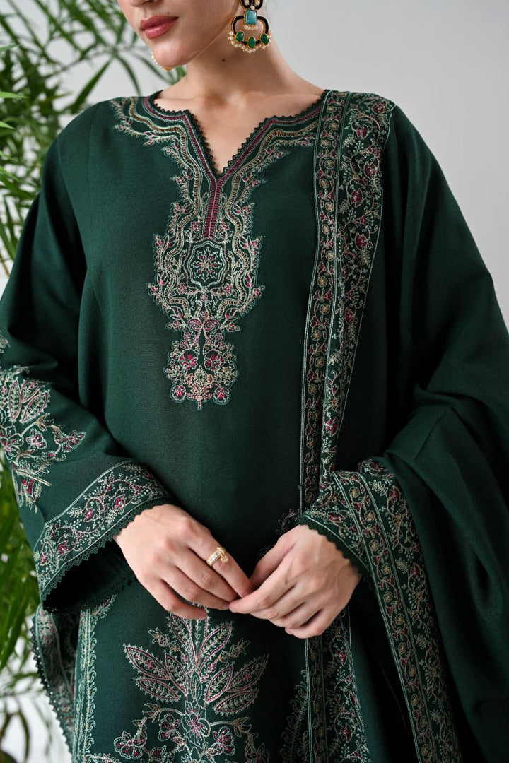 ZAIB - DEEP EMERALD LUXURY EMBROIDERED KARANDI SET (NEL-24637) - 3 Piece