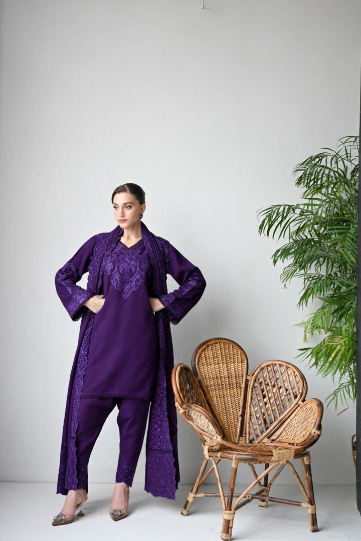 ZAIB - DEEP PURPLE LUXURY EMBROIDERED KARANDI SET (NEL-24633) - 3 Piece