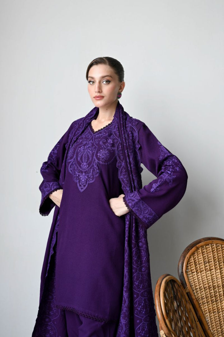 ZAIB - DEEP PURPLE LUXURY EMBROIDERED KARANDI SET (NEL-24633) - 3 Piece