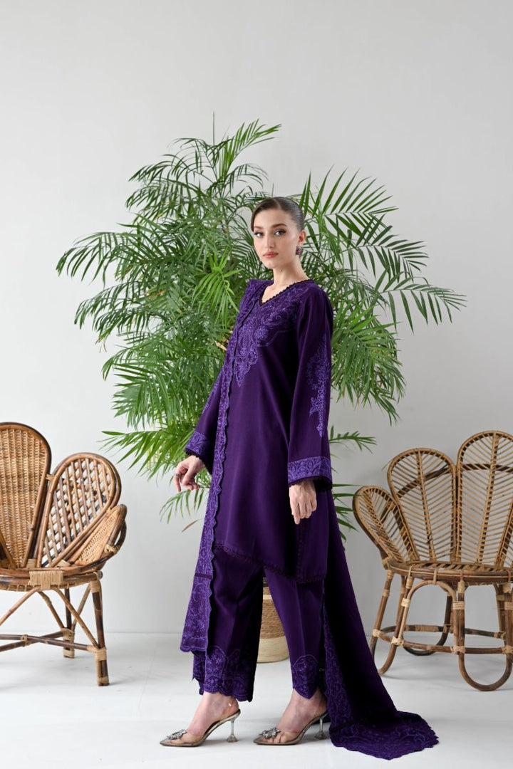 ZAIB - DEEP PURPLE LUXURY EMBROIDERED KARANDI SET (NEL-24633) - 3 Piece