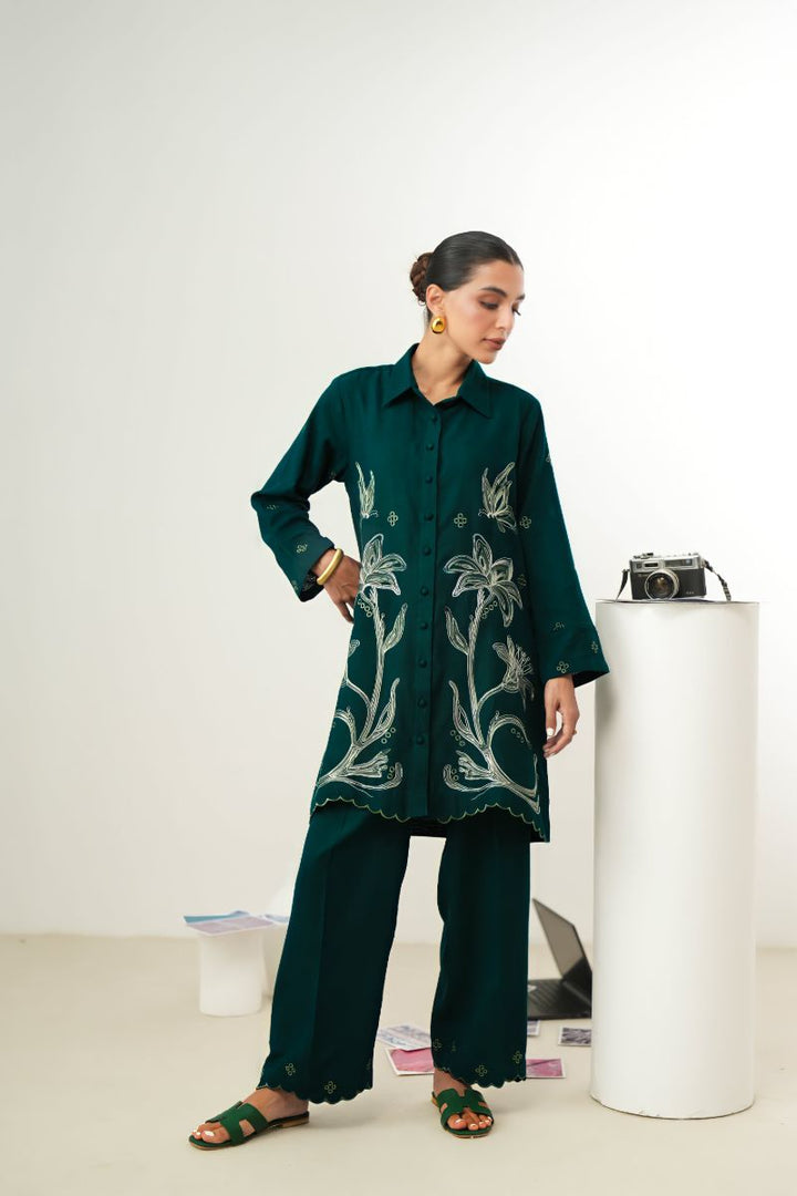 Zaib - Luxury Embroidered Fall Set (Npa2-24314) - Slub Cotton - Zinc - 2 Piece