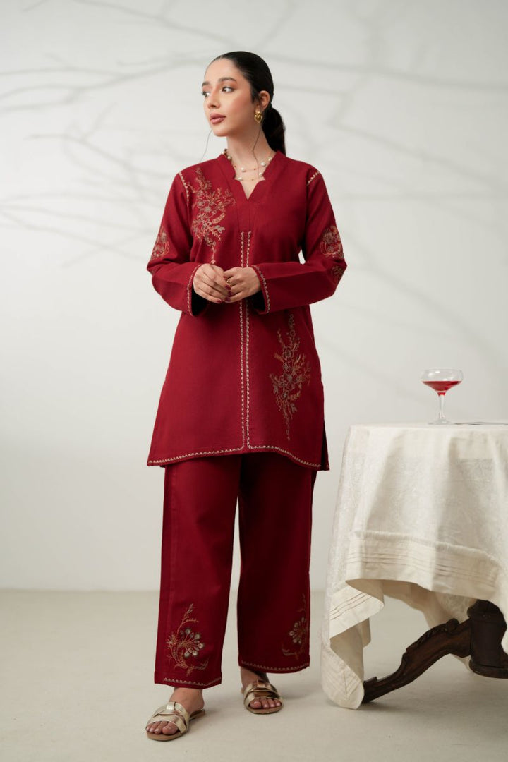 Zaib - Luxury Embroidered Fall Set (Npa2-24315) - Slub Cotton - Deep Red - 2 Piece