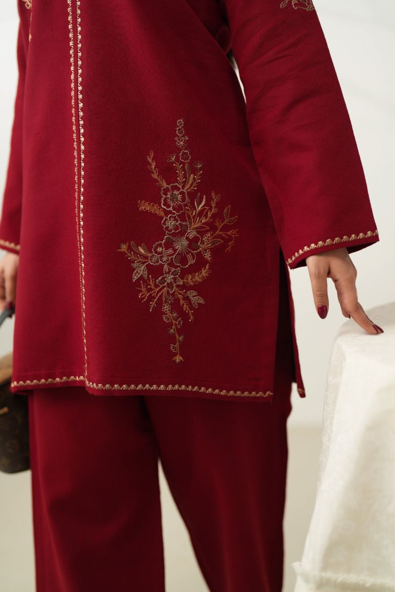 Zaib - Luxury Embroidered Fall Set (Npa2-24315) - Slub Cotton - Deep Red - 2 Piece