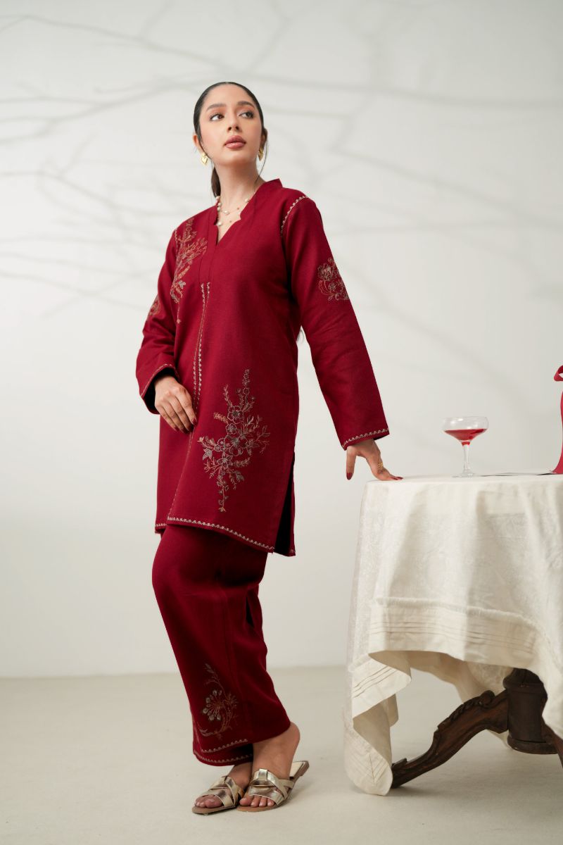 Zaib - Luxury Embroidered Fall Set (Npa2-24315) - Slub Cotton - Deep Red - 2 Piece