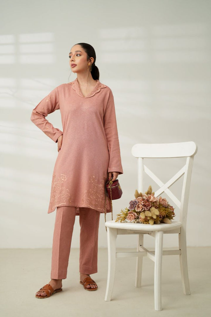 Zaib - Luxury Embroidered Fall Set (Npa2-24318) - Slub Cotton - Tea Pink - 2 Piece