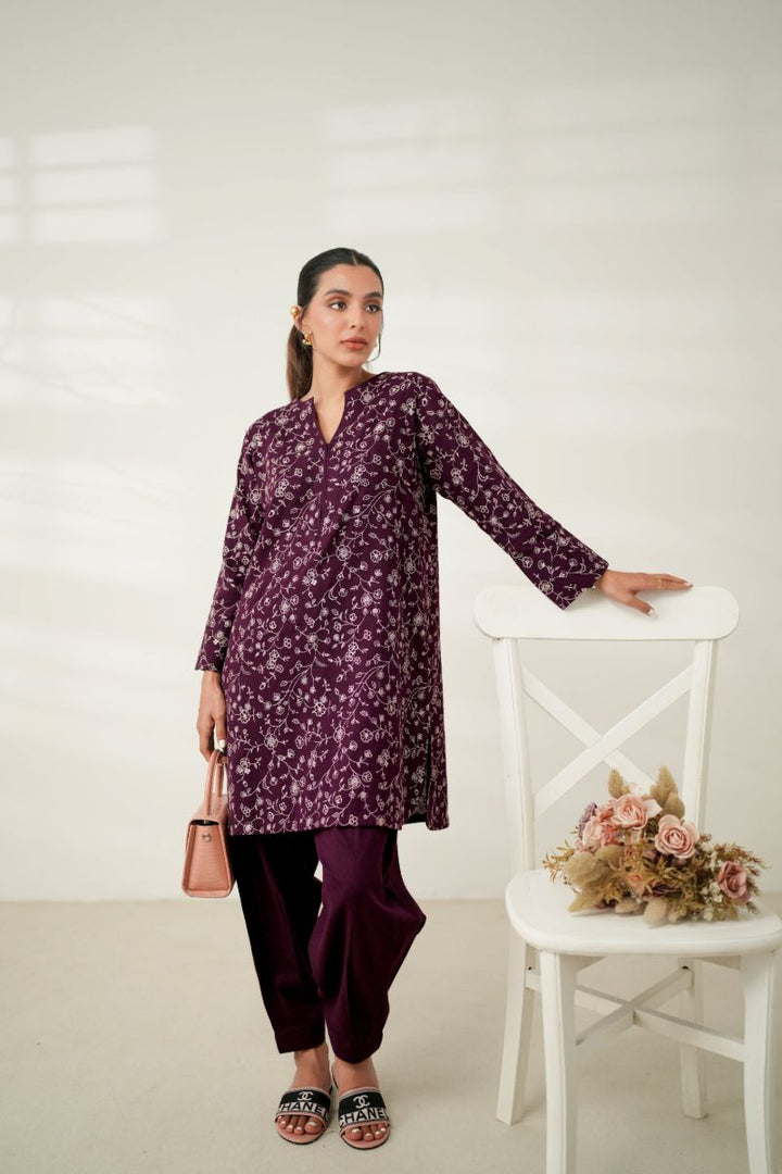 Zaib - Luxury Embroidered Fall Set (Npa2-24319) - Slub Cotton - Plum - 2 Piece