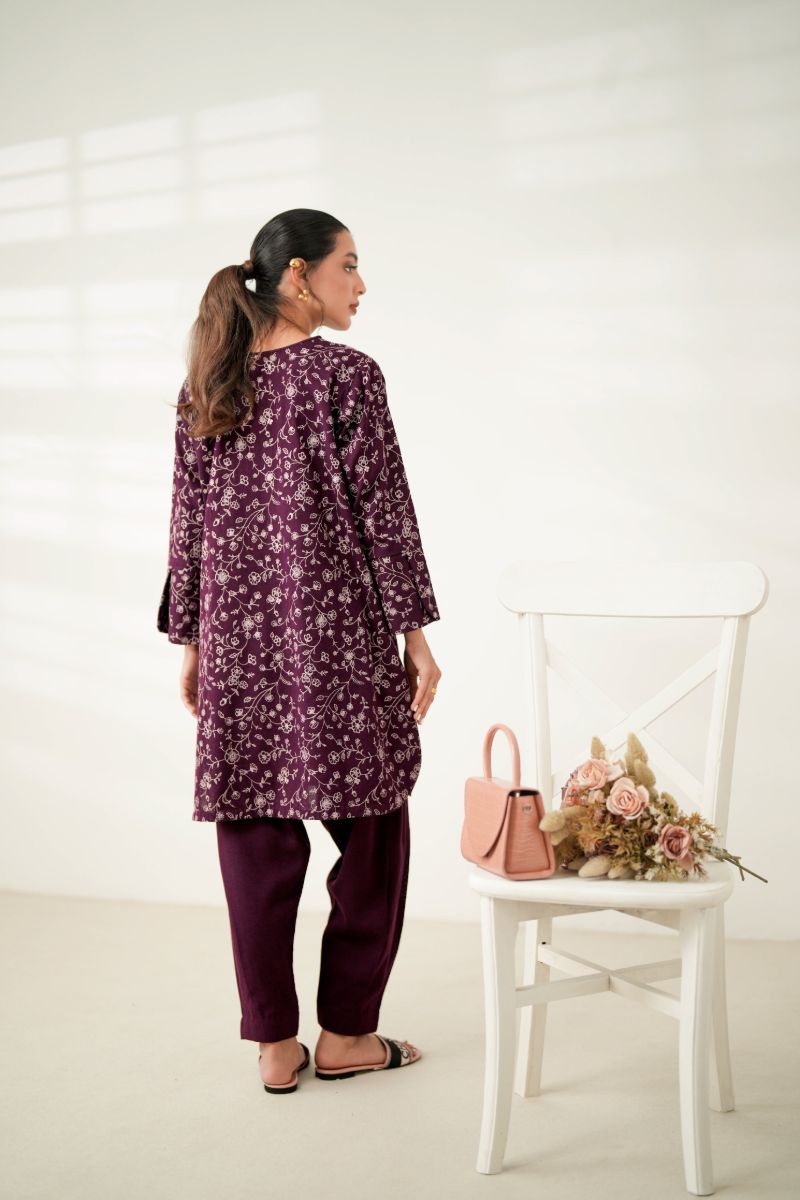 Zaib - Luxury Embroidered Fall Set (Npa2-24319) - Slub Cotton - Plum - 2 Piece