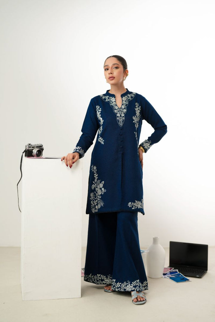 Zaib - Luxury Embroidered Fall Set (Npa2-24316) - Slub Cotton - Navy Blue - 2 Piece