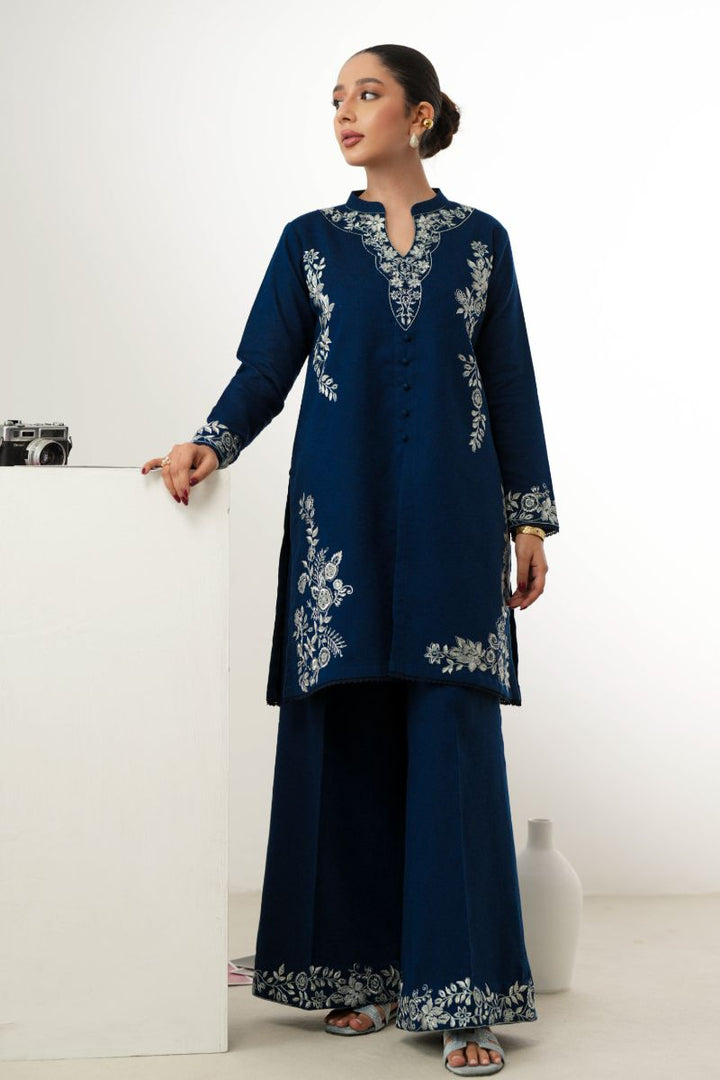 Zaib - Luxury Embroidered Fall Set (Npa2-24316) - Slub Cotton - Navy Blue - 2 Piece