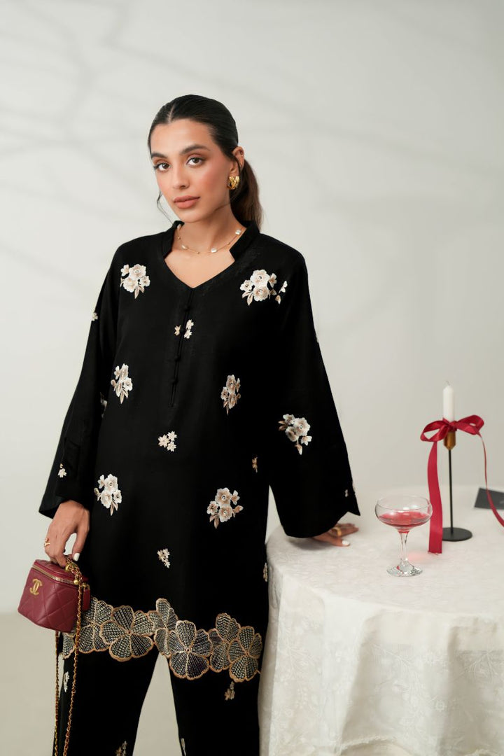 Zaib - Luxury Embroidered Fall Set (Npa2-24317) - Slub Cotton - Black - 2 Piece