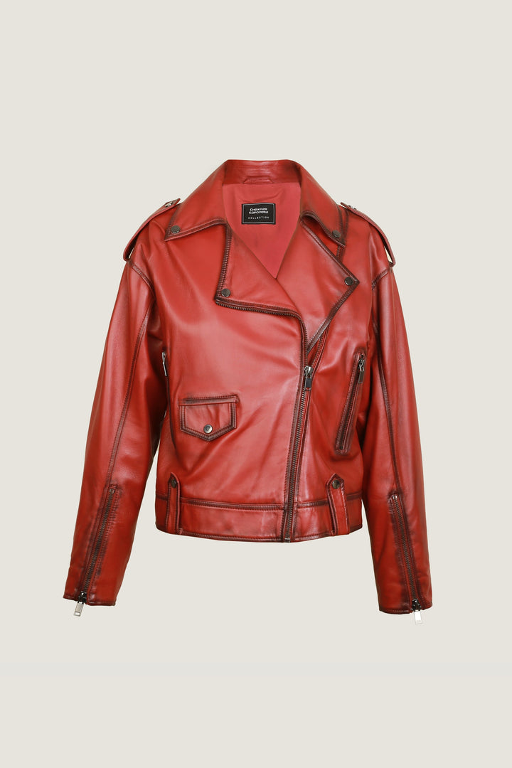 Novado - Women's Zipper Biker Leather Jacket - Red - 1 Piece