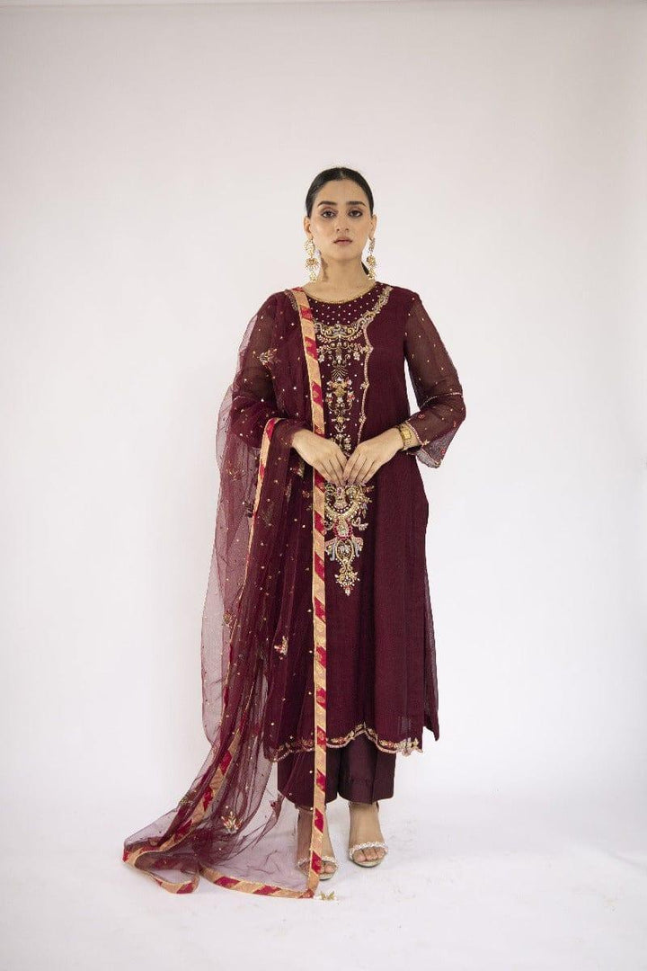 Sadia Aamir - Ilana - Mulberry Embroidered Khaddi Net Shirt and Silk Culottes with Net Dupatta - 3 Piece - Studio by TCS