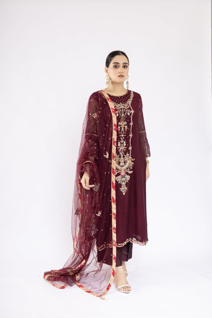 Sadia Aamir - Ilana - Mulberry Embroidered Khaddi Net Shirt and Silk Culottes with Net Dupatta - 3 Piece - Studio by TCS