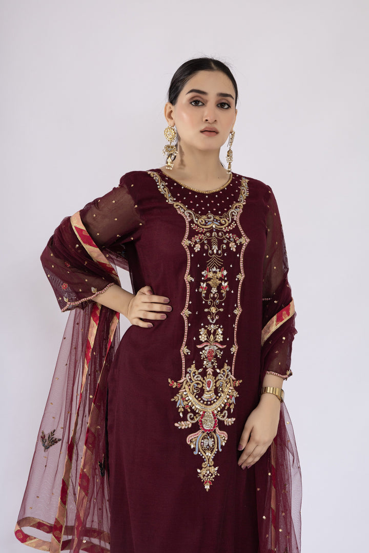 Sadia Aamir - Ilana - Mulberry Embroidered Khaddi Net Shirt and Silk Culottes with Net Dupatta - 3 Piece - Studio by TCS