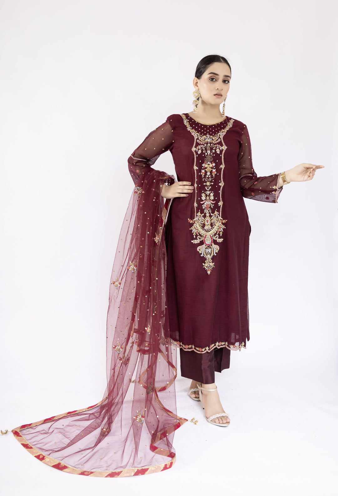 Sadia Aamir - Ilana - Mulberry Embroidered Khaddi Net Shirt and Silk Culottes with Net Dupatta - 3 Piece - Studio by TCS