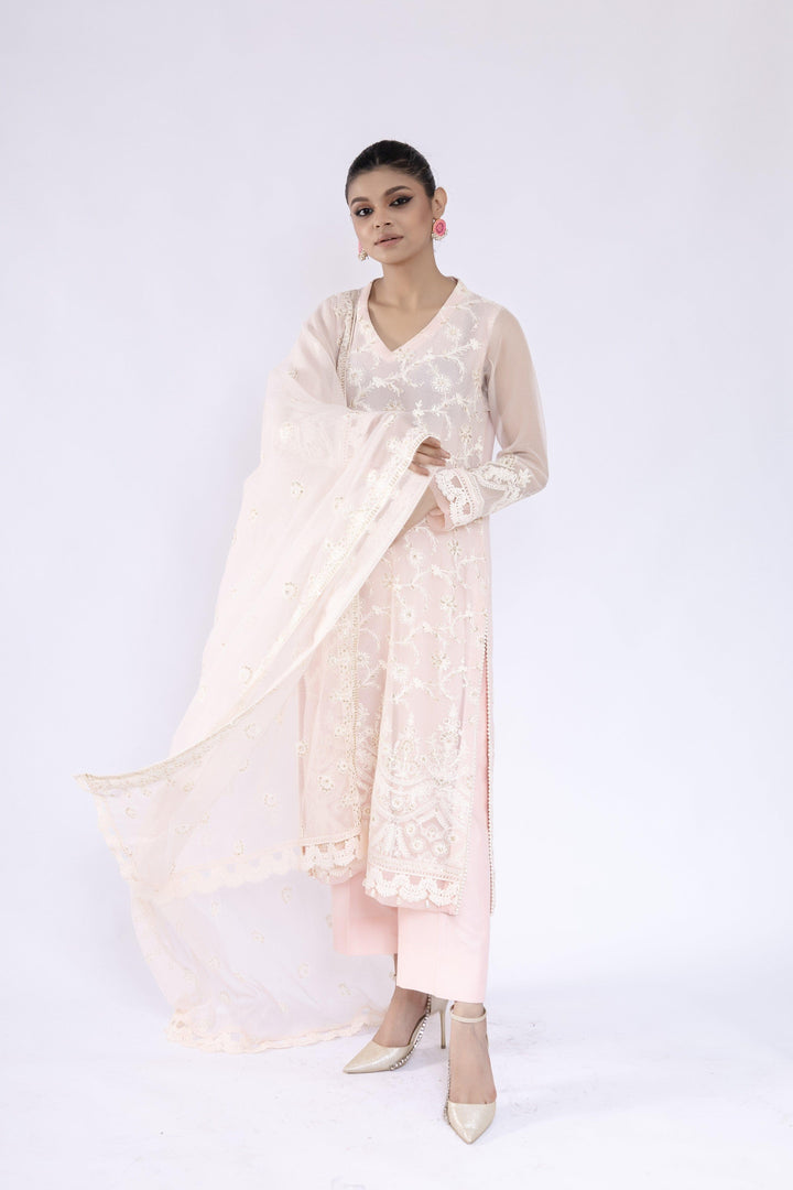 Sadia Aamir - Inara - Powder Pink Khaddi Net Shirt and Dupatta with Culottes - 3 Piece - Studio by TCS