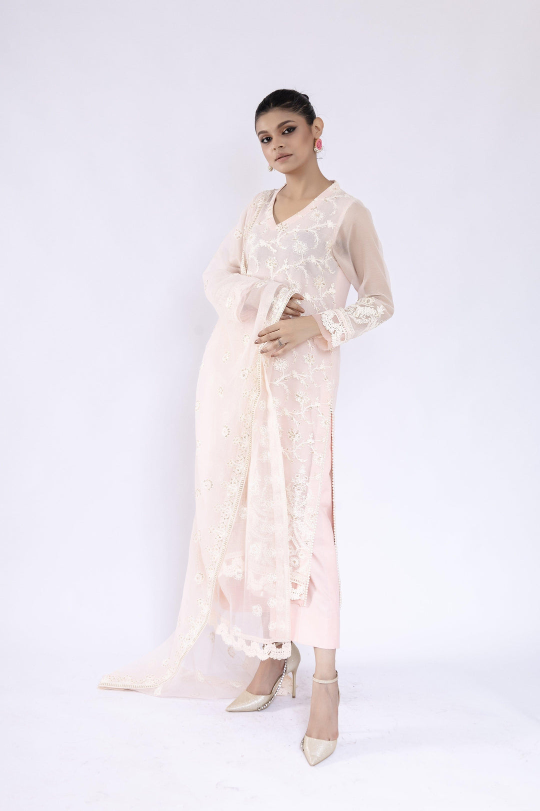 Sadia Aamir - Inara - Powder Pink Khaddi Net Shirt and Dupatta with Culottes - 3 Piece - Studio by TCS