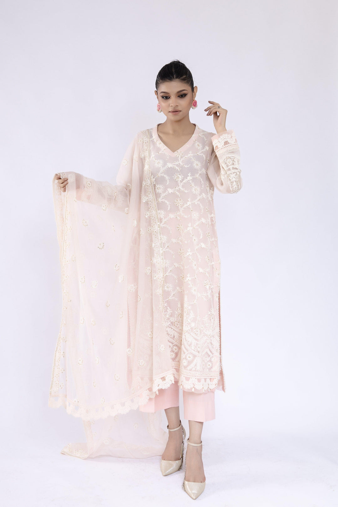 Sadia Aamir - Inara - Powder Pink Khaddi Net Shirt and Dupatta with Culottes - 3 Piece - Studio by TCS