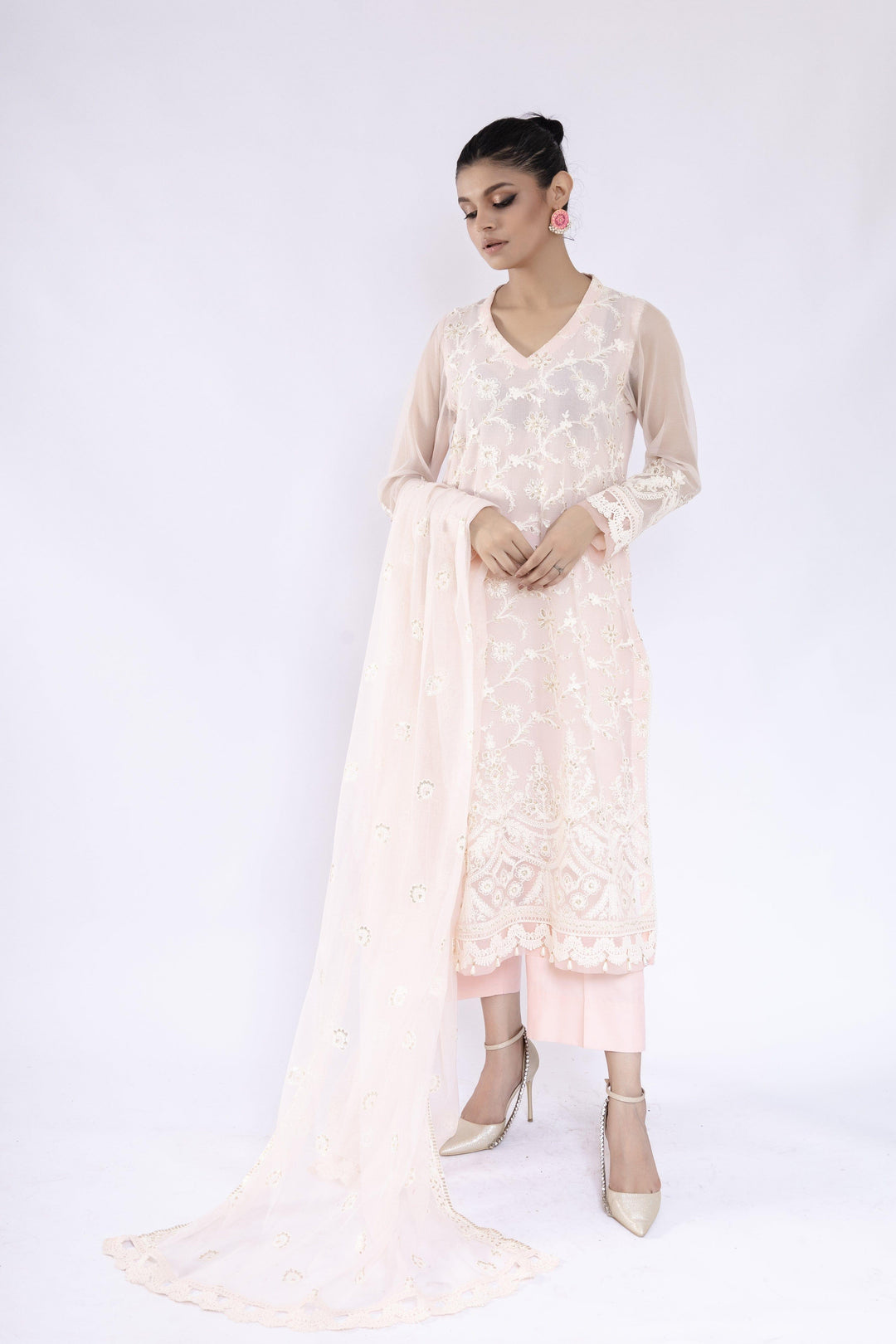 Sadia Aamir - Inara - Powder Pink Khaddi Net Shirt and Dupatta with Culottes - 3 Piece - Studio by TCS