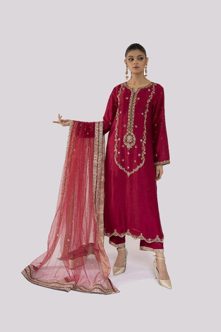 Sadia Aamir - A'eera - Magenta Embroidered Sheesha Silk Shirt and Culottes with Net Dupatta - 3 Piece - Studio by TCS