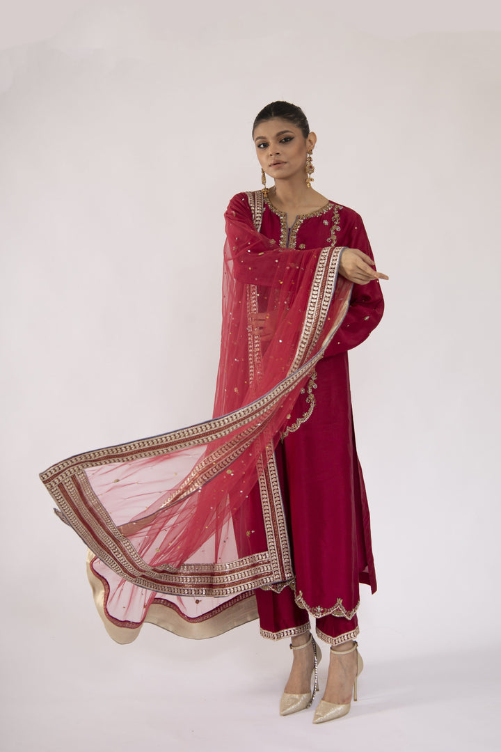 Sadia Aamir - A'eera - Magenta Embroidered Sheesha Silk Shirt and Culottes with Net Dupatta - 3 Piece - Studio by TCS