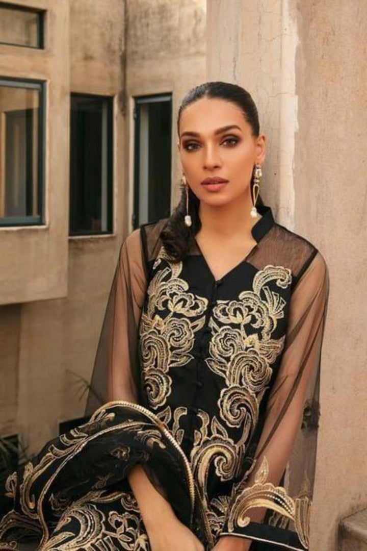 Natasha Kamal - Black Net Shirt and Silk Pants with Net Dupatta - 3 Pieces