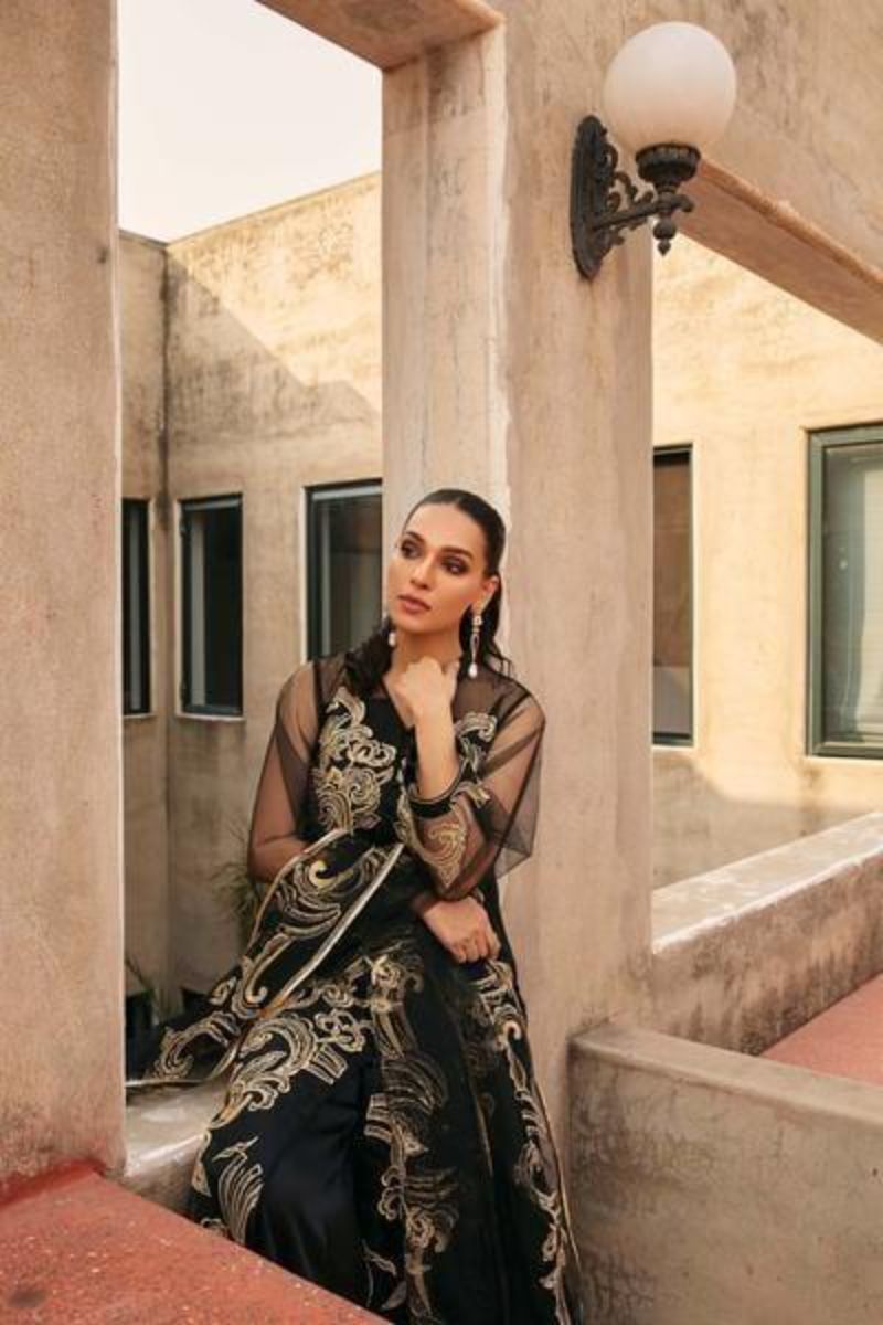 Natasha Kamal - Black Net Shirt and Silk Pants with Net Dupatta - 3 Pieces